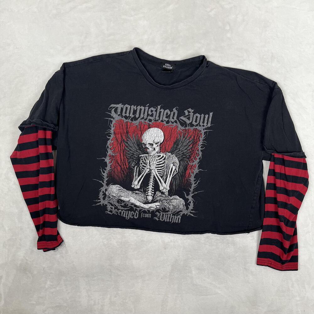 Social Collision T-Shirt Womens Large Black Striped Skeleton Crop Top Gothic
